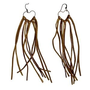 Handcrafted Gold Metallic Leather Fringe Heart Earrings Long Boho Tassel‎ 6 Inch